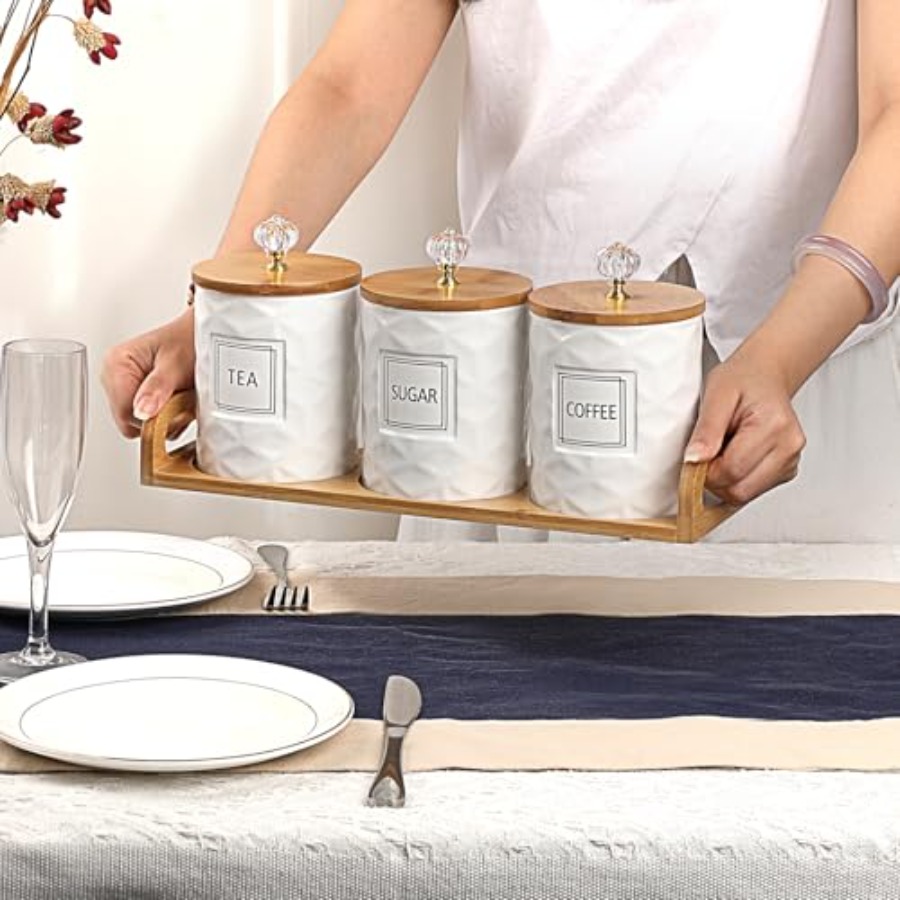 Set of 3 Ceramic Canisters Set - Canister Coffee Sugar Tea incelemesi ve fiyatı